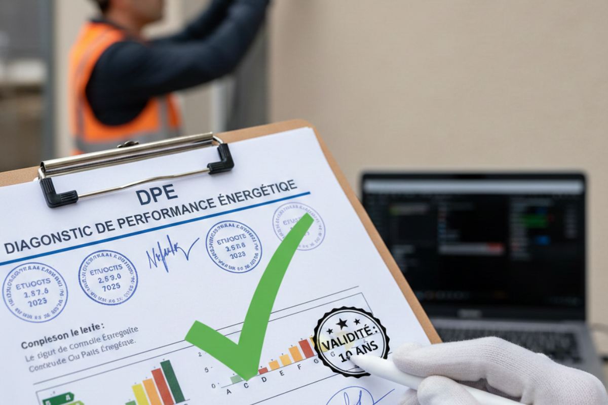 Un rapport de DPE avec un grand coche vert et la mention "VALIDITÉ : 10 ANS" clairement visible.